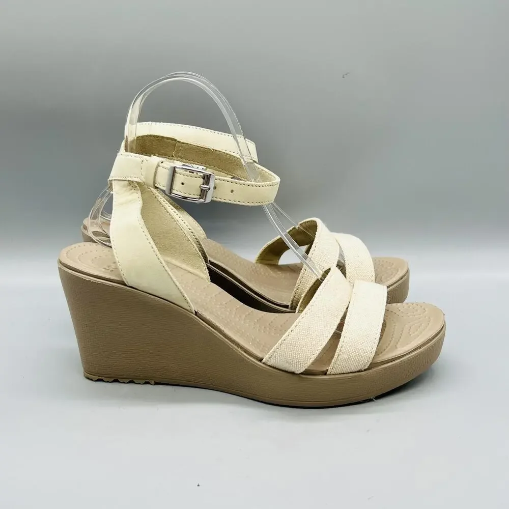 Crocs Sandals Womens 10 Beige Strappy Ankle Strap Buckle Wedge Comfort Shoes